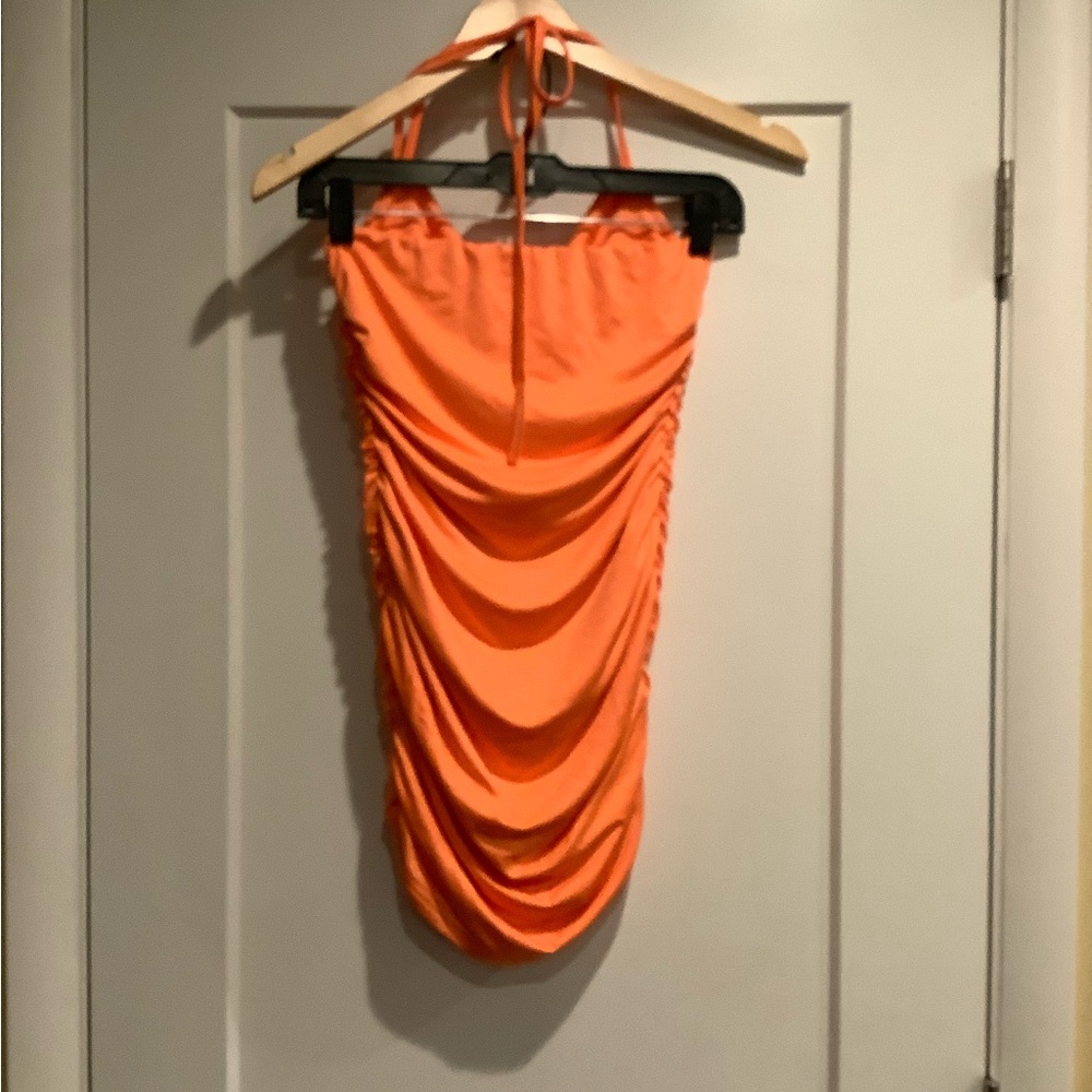 Orange Ruched Halter Mesh Dress - Picture 2 of 6